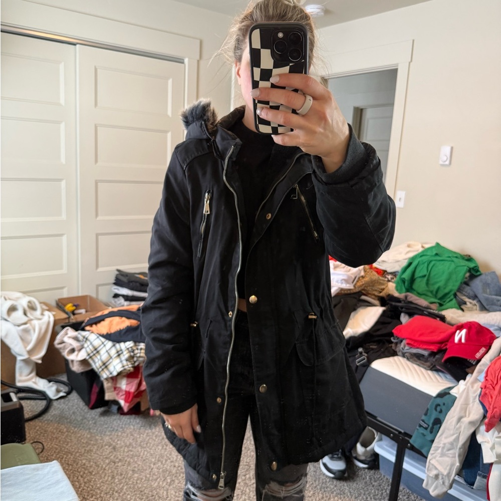 Womens Black Hooded Winter Coat